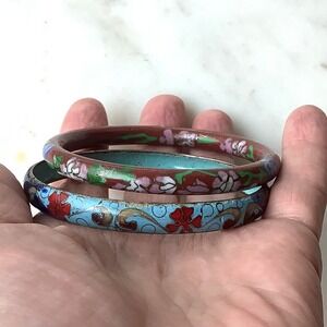 Vintage Cloisonné Bangles Blue Red Floral Chinese Enamel Bracelets Set